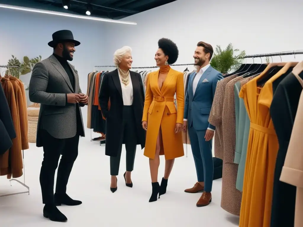 Tienda de moda inclusiva y sostenible: comunidad, estilo y diversidad Un espacio de moda inclusiva sostenible con personas de todas las edades y fondos probando ropa elegante