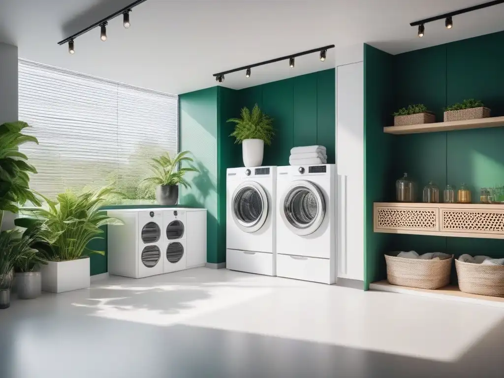 Moderna lavandería ecológica con plantas y luz natural Un espacio de lavandería moderno y ecológico con plantas verdes, detergentes sostenibles y luz natural