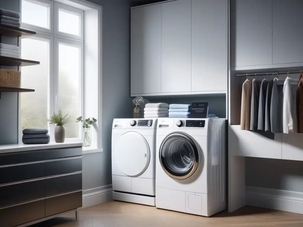 Moderna lavandería con vaporizador futurista Espacio de lavandería moderno con productos y vapor para cuidar ropa adaptativa