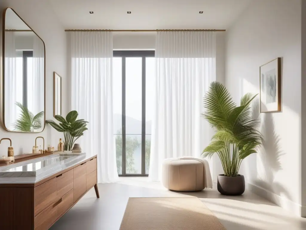 Espacio de spa sereno y luminoso con decoración minimalista Espacio de spa sereno y elegante con productos de belleza
