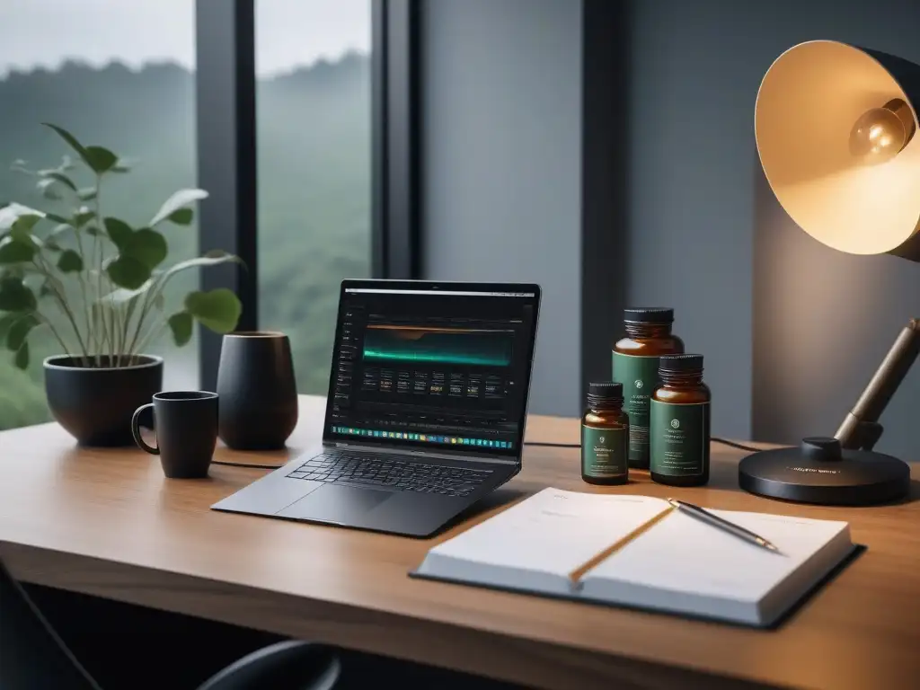 Oficina minimalista para potenciar el rendimiento mental Un espacio de trabajo moderno con diseño minimalista, suplementos para rendimiento mental, y elementos que potencian la concentración y productividad