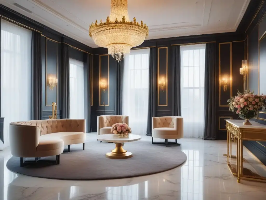 Salón de belleza VIP de lujo para celebridades Espacio de tratamientos de belleza exclusivos para celebridades, lujoso y glamuroso con detalles dorados y mármol blanco