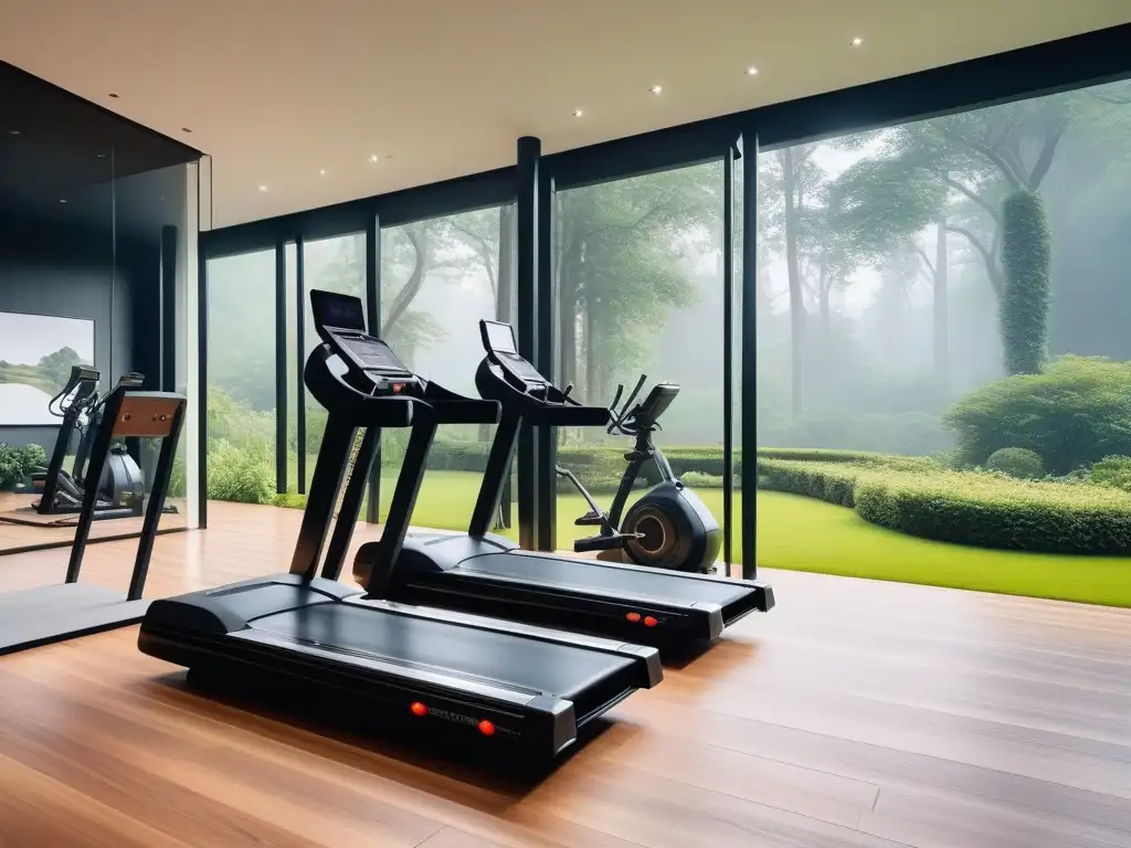 Gimnasio de lujo ecofriendly en casa Espacioso gimnasio en casa con equipamiento fitness ecoamigable hogar, luz natural y vistas al jardín