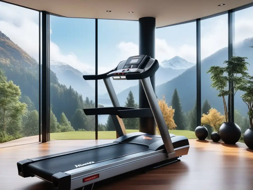 Gimnasio de lujo con equipamiento fitness de vanguardia y vista a montañas Espacioso gimnasio en casa de lujo con equipamiento de fitness de lujo y vista a las montañas