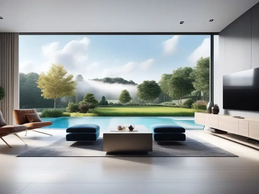 Interior de casa inteligente de lujo: diseño futurista y tecnología integrada en 8k Espectacular hogar de lujo con tecnología integrada, muebles futuristas y vistas impresionantes de la piscina y jardín