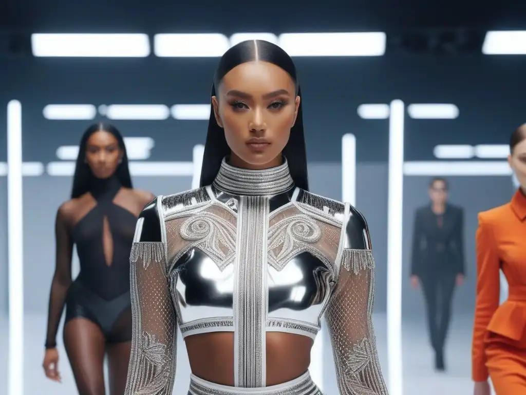Desfile futurista: diversidad y elegancia en alta moda tecnológica Una espectacular pasarela de moda inclusiva para todos cuerpos