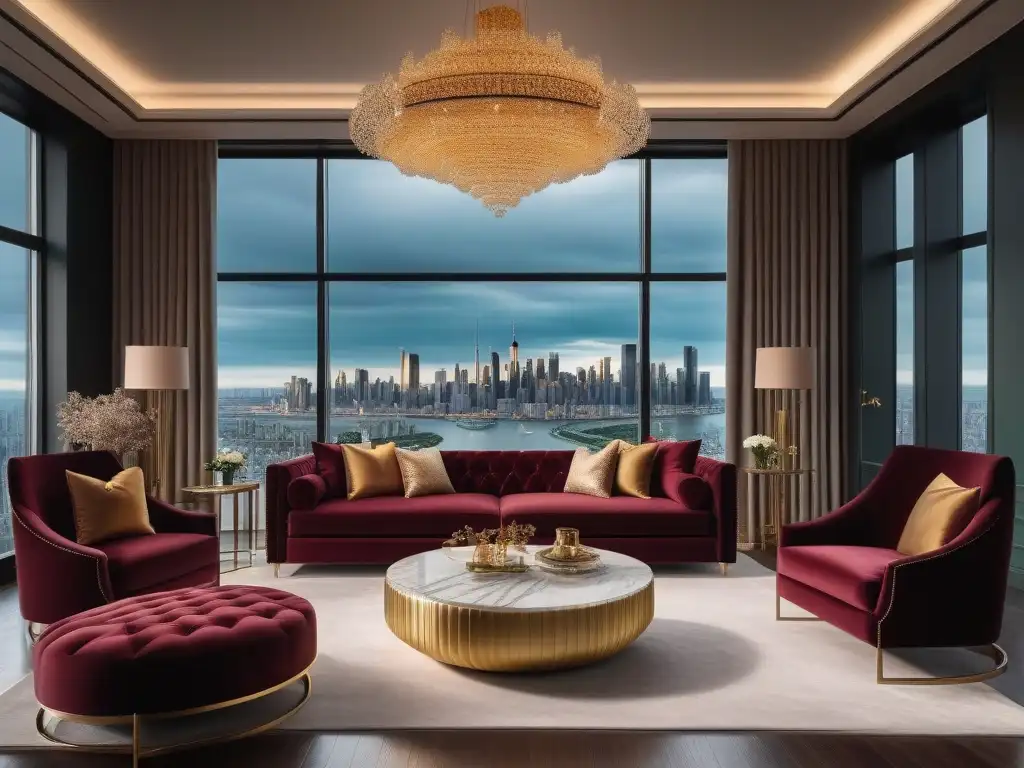 Salón de lujo con sofá de cuero y vista urbana al atardecer Espectacular sala de estar moderna y lujosa con mobiliario de lujo y materiales exquisitos en tonos elegantes