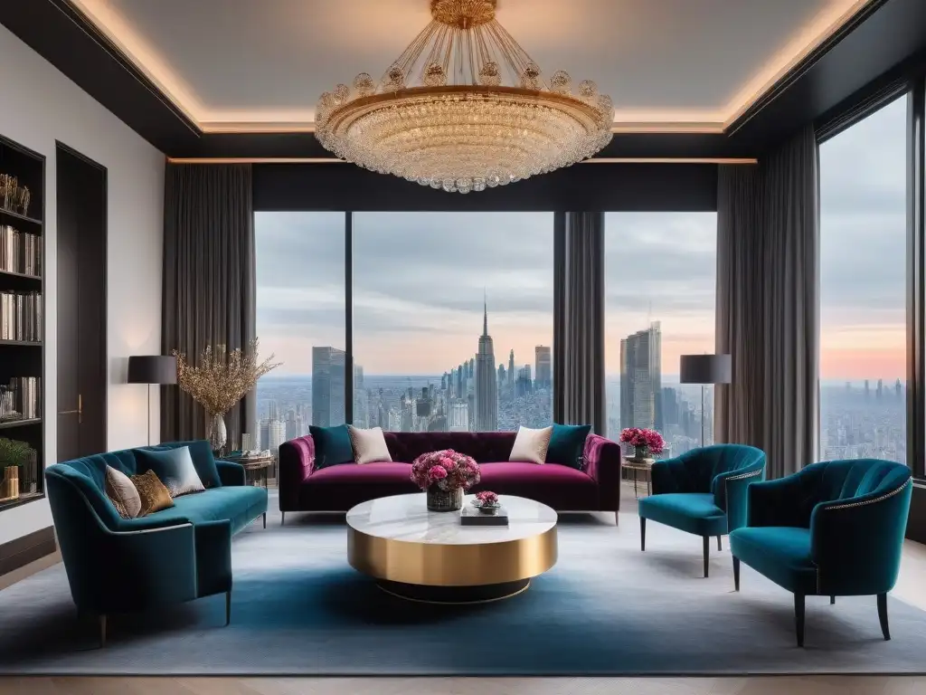 Sala de estar de lujo con diseño minimalista y sofisticado Espectacular sala de estar moderna y lujosa con mobiliario de lujo, chandelier imponente y vistas a la ciudad al anochecer