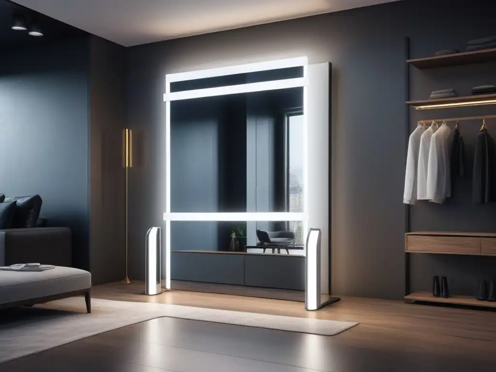Espejo inteligente futurista: moda personalizada en casa Un espejo inteligente de diseño futurista muestra sugerencias de outfits virtuales en un elegante vestidor minimalista