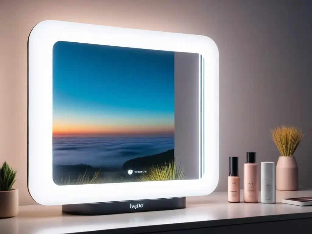 Espejo inteligente de alta resolución con apps de belleza Un espejo inteligente de diseño moderno con pantalla de alta resolución, rodeado de luz ambiental, ideal para rutinas de belleza personalizadas