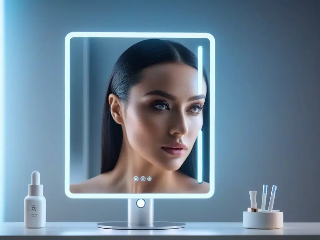 Espejo inteligente futurista con apps de belleza en 8k Un espejo inteligente futurista con apps de belleza en su superficie reflectante, iluminado con luz suave