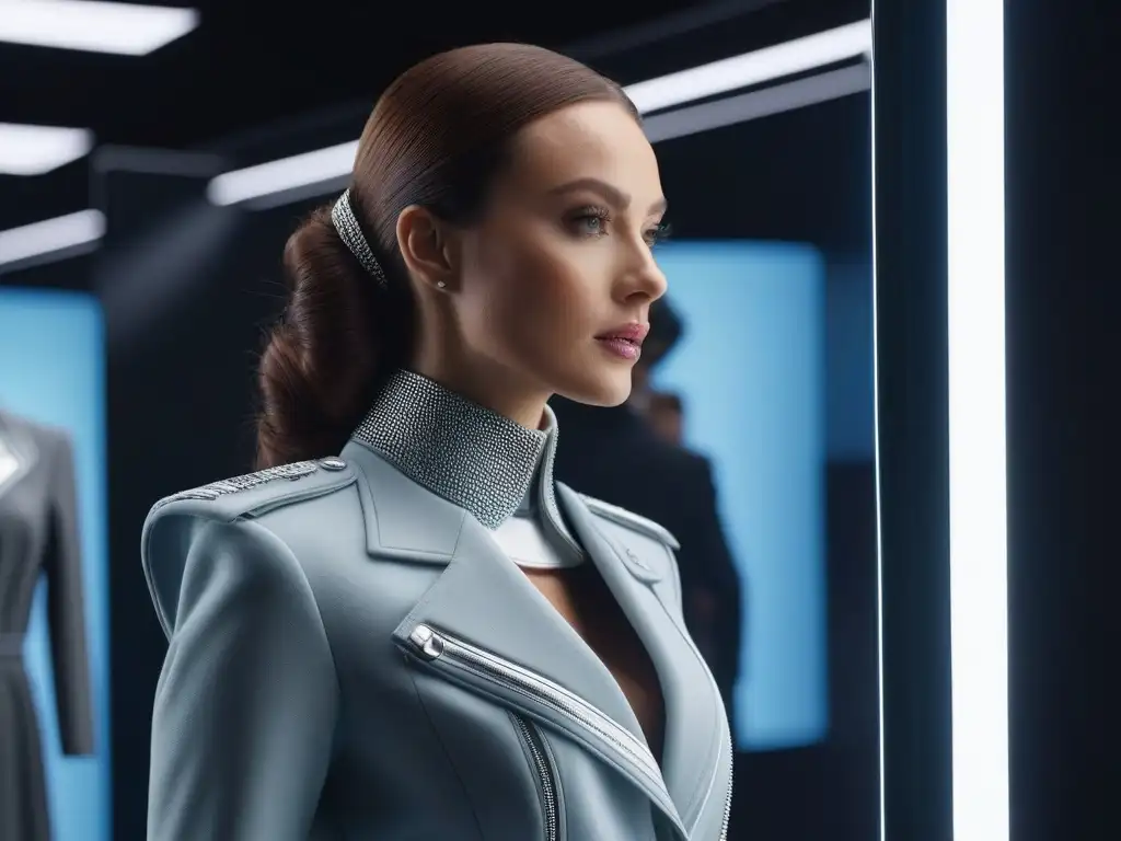 Espejo inteligente futurista para profesionales de la moda Un espejo inteligente futurista para diseñadores de moda, con simulaciones de atuendos y tendencias en tiempo real