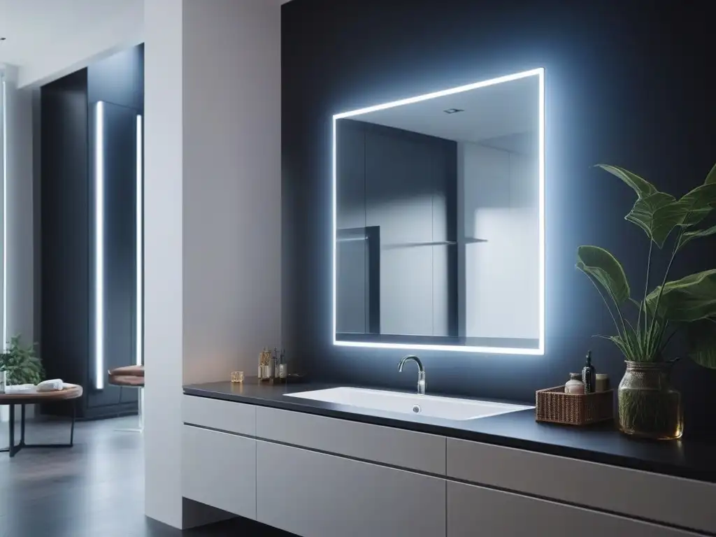Espejo inteligente en baño de lujo con gadgets tecnológicos y decoración elegante