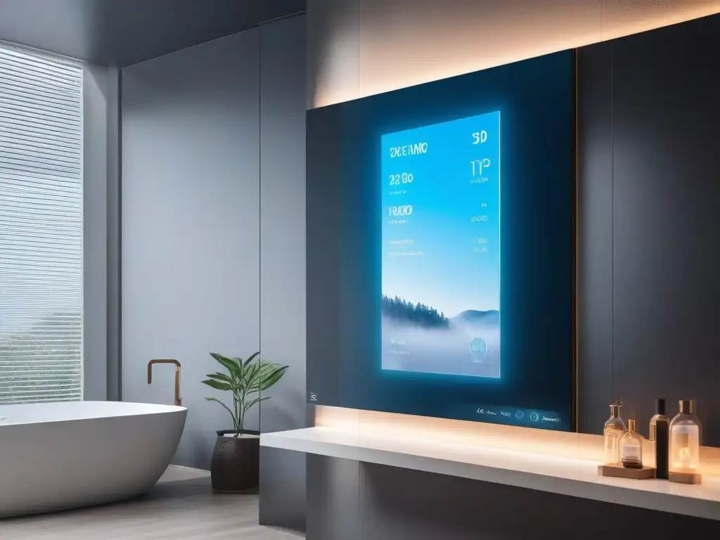 Espejo inteligente de lujo en baño moderno Un espejo inteligente moderno en un lujoso baño, mostrando datos de salud y agenda diaria en una interfaz futurista