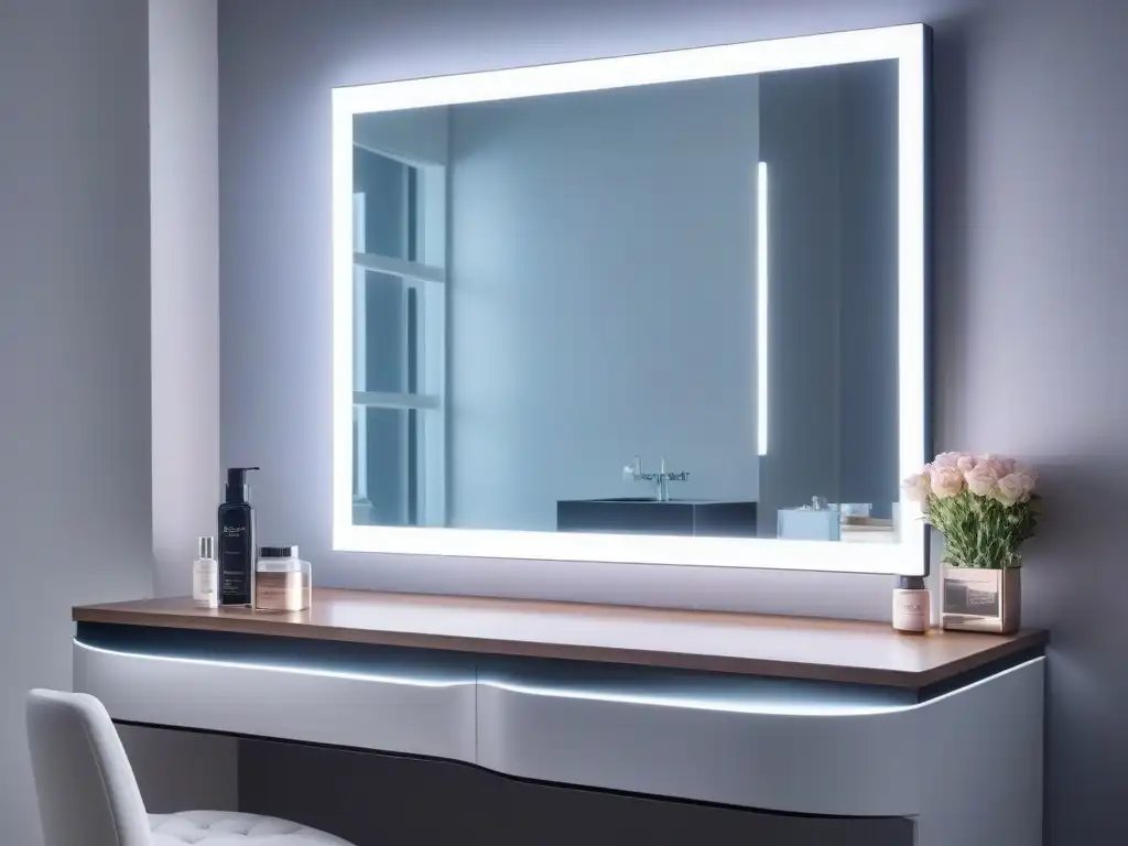 Espejo inteligente de belleza con LED integrados en elegante tocador Espejo inteligente para rutina de belleza con luces LED integradas, pantalla táctil de alta definición y aplicaciones de belleza y análisis de piel