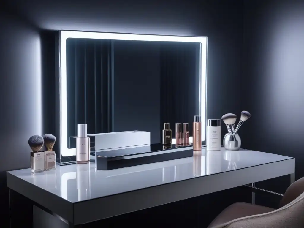 Espejo inteligente: lujo y tecnología en tu tocador Espejo inteligente para rutina belleza: lujo, tecnología y elegancia en una imagen de tocador organizado y sofisticado