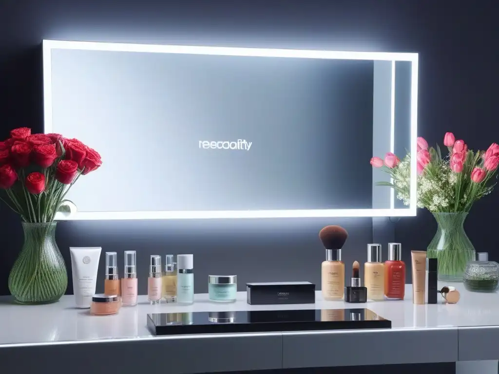 Espejo inteligente de lujo para rutina de belleza moderna Un espejo inteligente en un tocador elegante y organizado con productos de alta gama y flores frescas, ideal para una rutina de belleza sofisticada