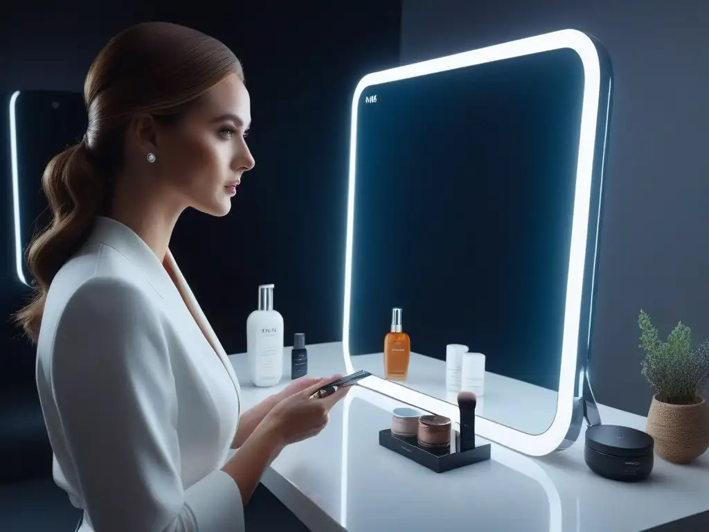 Espejo inteligente de lujo con tecnología avanzada y elegante diseño minimalista Espejos inteligentes para rutina de belleza: Un espejo futurista con tecnología avanzada y un elegante tocador
