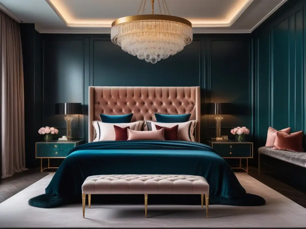 Suite de lujo con cama king y detalles en terciopelo Espléndido dormitorio moderno con mobiliario de diseño de lujo en tonos joya y iluminación ambiental