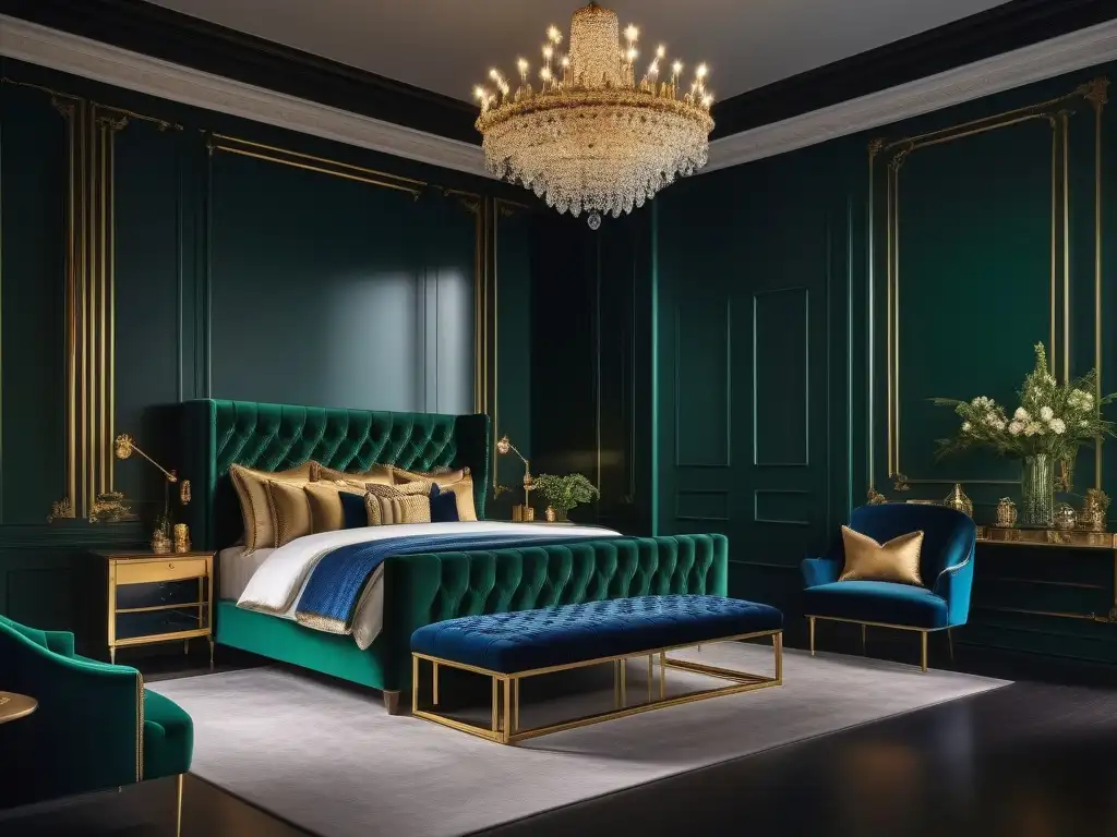 Diseño de dormitorio de lujo en tonos joya Espléndido mobiliario de diseño de lujo en un elegante dormitorio con detalles metálicos y tonos joya