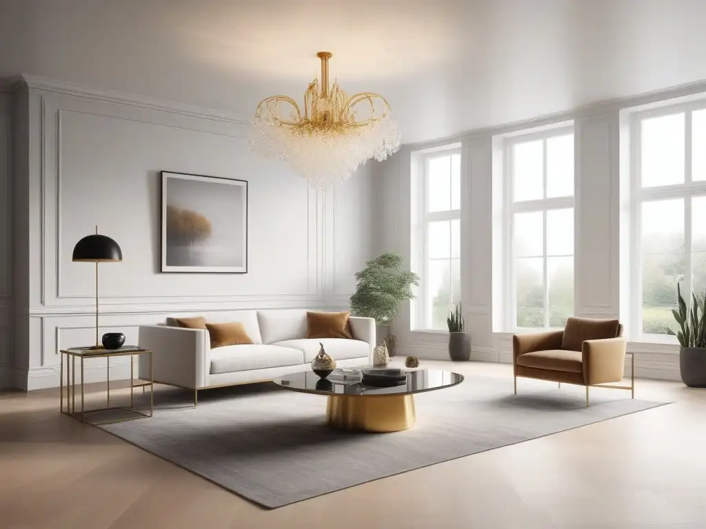Salón minimalista de lujo: blanco, oro y sofisticación Espléndido salón minimalista de lujo con toques dorados y arte abstracto