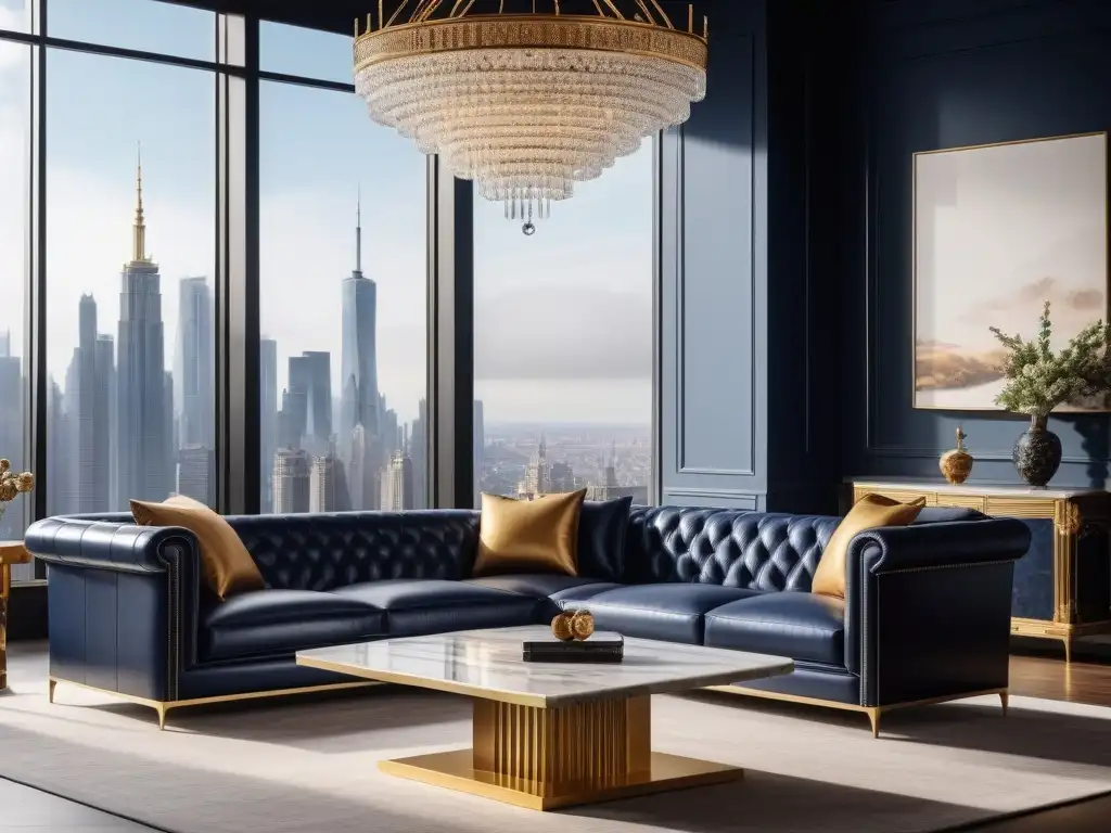 Sofá de cuero azul y mesa de mármol: lujo moderno Espléndido salón moderno con mobiliario de lujo, materiales exquisitos y vista de ciudad al atardecer