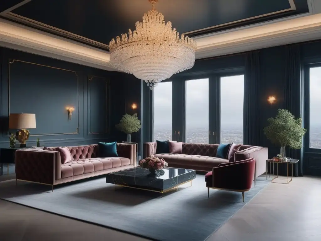 Sala de estar de lujo con vista panorámica y elegante diseño contemporáneo Espléndido salón moderno con suelos de mármol, sofás de terciopelo, arte contemporáneo y vistas a la ciudad