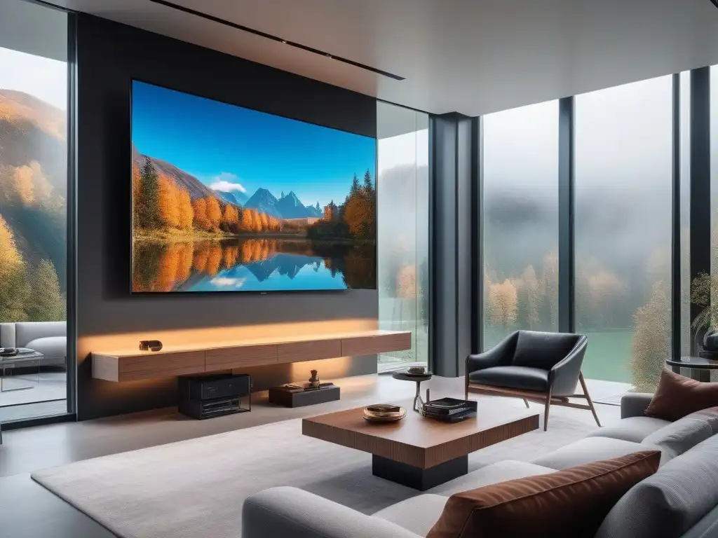 Salón futurista de lujo con tecnología avanzada y vistas panorámicas Espléndido salón tecnológico en casa de lujo con mobiliario futurista y vistas panorámicas de la ciudad