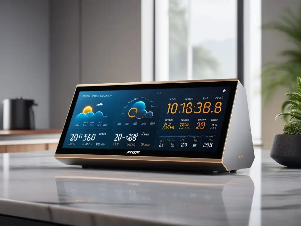 Estación meteorológica futurista en elegante entorno Una estación meteorológica de lujo en un entorno sofisticado y elegante, con datos climáticos en tiempo real en una pantalla táctil de alta resolución