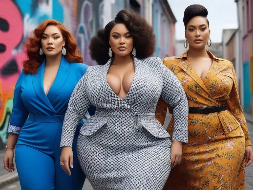 Moda plussize: Estilos y estampados que realzan la belleza curvy Estampados y patrones en moda tallas grandes: grupo diverso con outfits trendy y estilosos en entorno urbano colorido