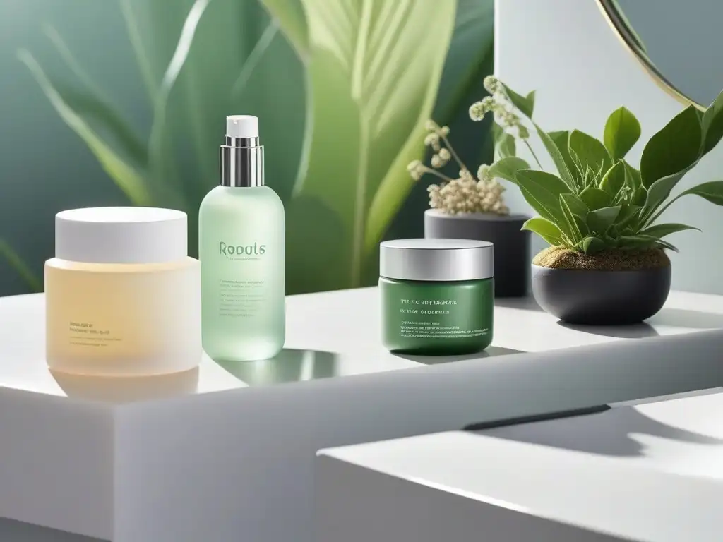 Productos delicados para piel sensible en estante minimalista Un estante de baño minimalista con productos de belleza para piel sensible en tonos pastel, iluminados por suave luz solar