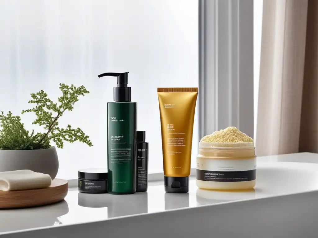 Estantería de baño elegante con exfoliantes de lujo Estante de baño moderno con productos exfoliantes de lujo, bañados en luz natural