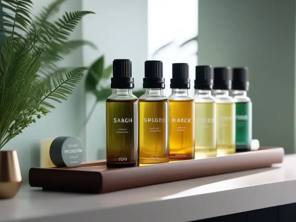 Estantería de baño serena con aceites esenciales elegantes Un estante de baño sereno con botellas modernas de aceites esenciales en tonos suaves, creando una atmósfera de lujo y relajación