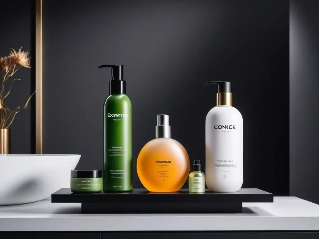 Estantería de baño lujosa con productos capilares premium Estantería elegante con productos de belleza cabello alta gama en un baño moderno de lujo