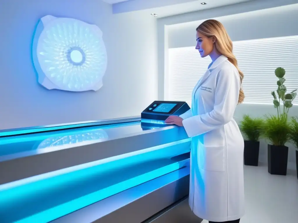 Moderna máquina de criolipólisis en spa elegante Una estética futurista con máquina de criolipólisis y experta ajustando configuraciones