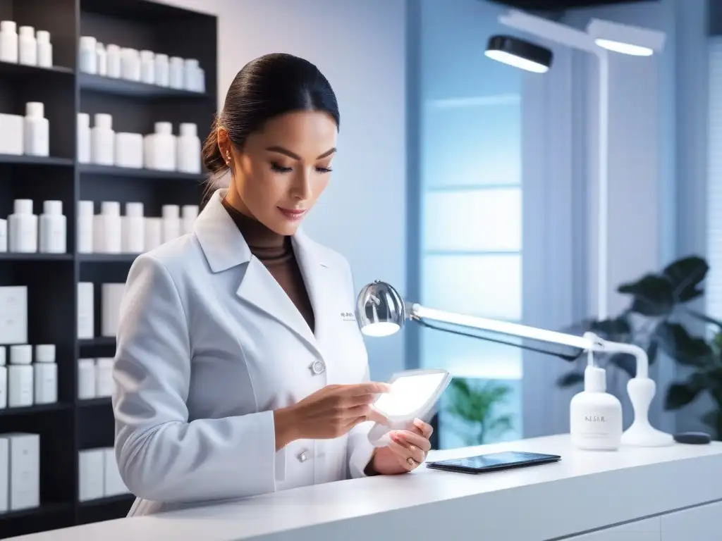 Clínica de belleza moderna para rejuvenecimiento facial Una esteticista profesional examina la piel de una mujer madura en un elegante y moderno salón de belleza