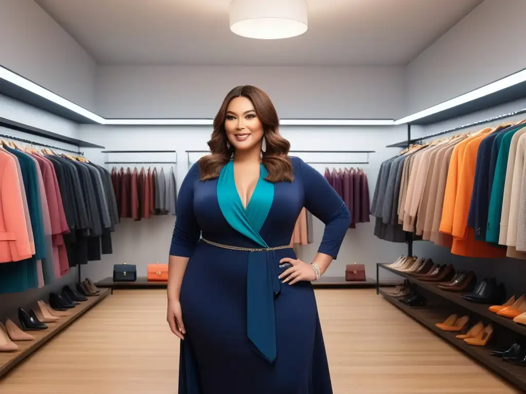 Estilista de moda plus size en boutique chic Un estilista de moda plus size seguro y profesional, asesorando en una boutique elegante y moderna