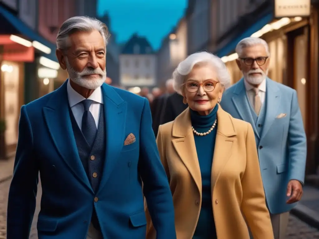 Estilo senior moderno y elegante en la ciudad Con estilo y elegancia, seniors caminan por la ciudad con telas adecuadas en atuendos modernos