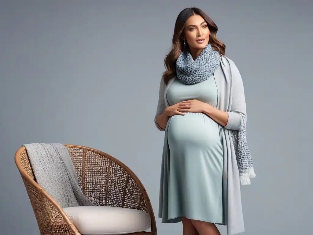 Estilo maternidad versátil: outfit chic y sofisticado Estilo maternal versátil: capas de texturas en outfit chic y sofisticado en ambiente luminoso