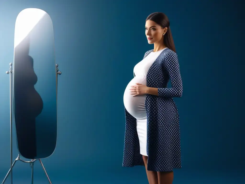 Moda maternal versátil: elegancia y confianza en el espejo Estilo maternal versátil capas: Mujer embarazada elegante frente al espejo, luciendo un outfit sofisticado y seguro de sí mismo