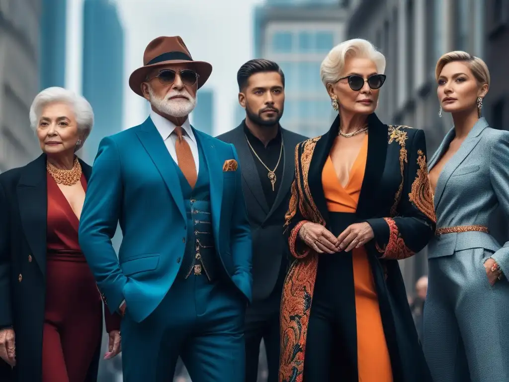 Moda senior diversa y elegante en la ciudad Estilo personal moda senior diverso: Grupo de adultos mayores posando con confianza en atuendos elegantes y diversos que reflejan sus personalidades únicas