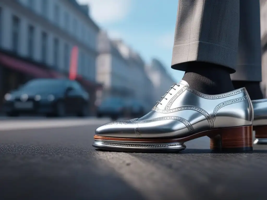 Moderno bastón de plata y zapatos elegantes en la ciudad Estiloso bastón plateado con grabados florales y zapatos plateados metálicos elegantes en la ciudad, moda para seniors con movilidad