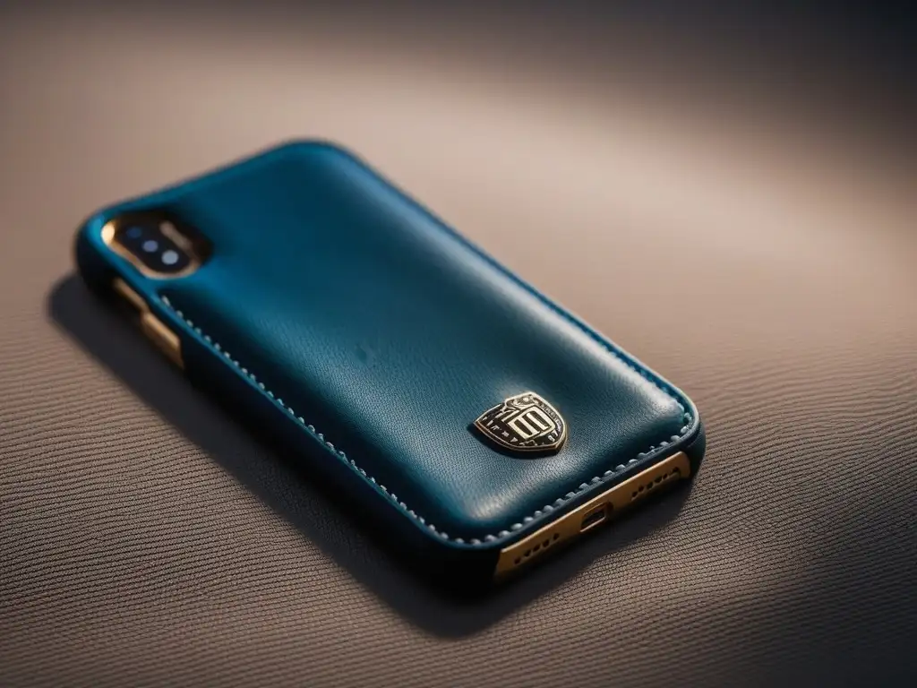 Funda de cuero de lujo para smartphone con detalle artesanal Estuche de lujo para smartphone en cuero con logo grabado de diseñador, destacado por iluminación ambiental