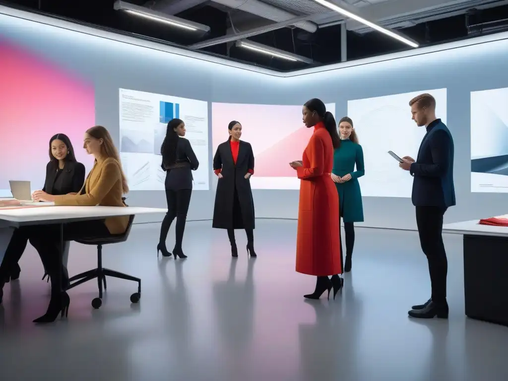 Estudio de moda inclusivo: estudiantes colaboran en diseño adaptativo Estudiantes de moda adaptativa colaboran apasionadamente en un estudio futurista