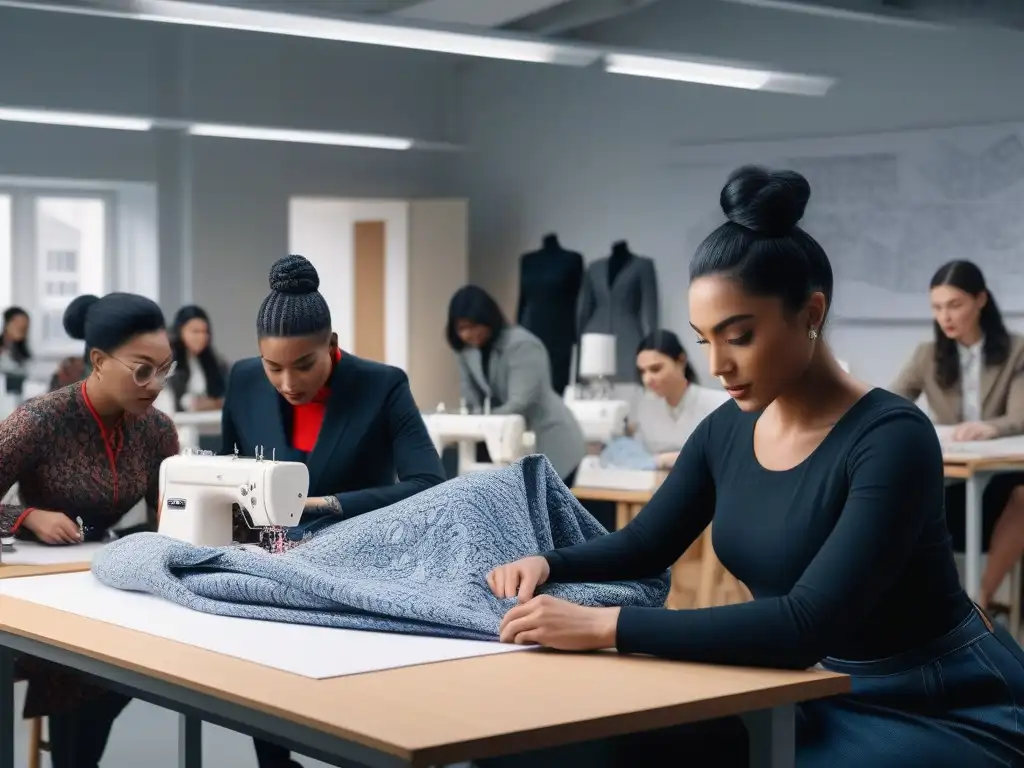 Estudiantes de moda crean prendas inclusivas en aula vibrante Estudiantes de moda creando en un aula inclusiva
