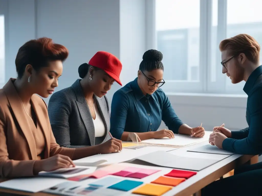 Estudiantes de moda creativos en estudio inclusivo Estudiantes de moda con cuerpos diversos diseñando en un estudio moderno y colorido, simbolizando inclusividad y creatividad