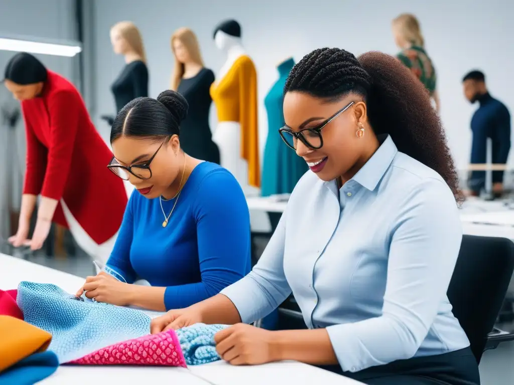 Diseñadores de moda inclusivos creando juntos en un estudio luminoso Estudiantes de moda, discapacitados y no, colaboran en un estudio luminoso y colorido
