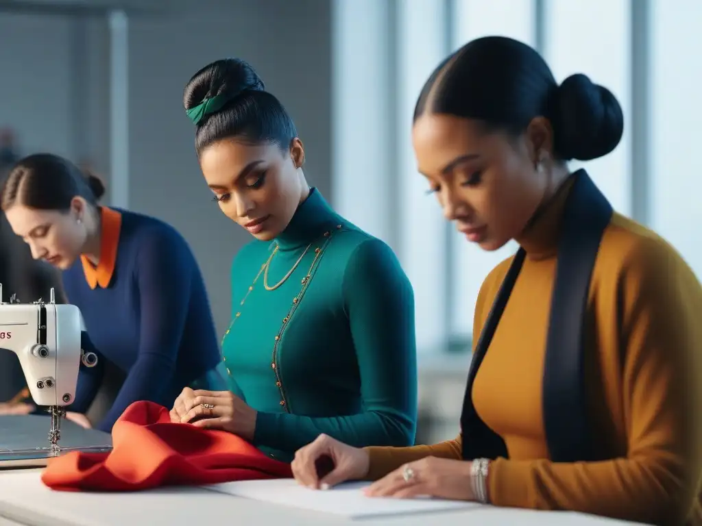 Diversidad creativa en estudio de diseño de moda Estudiantes de diseño de moda trabajando juntos en un estudio moderno y luminoso, reflejando la moda inclusiva en educación