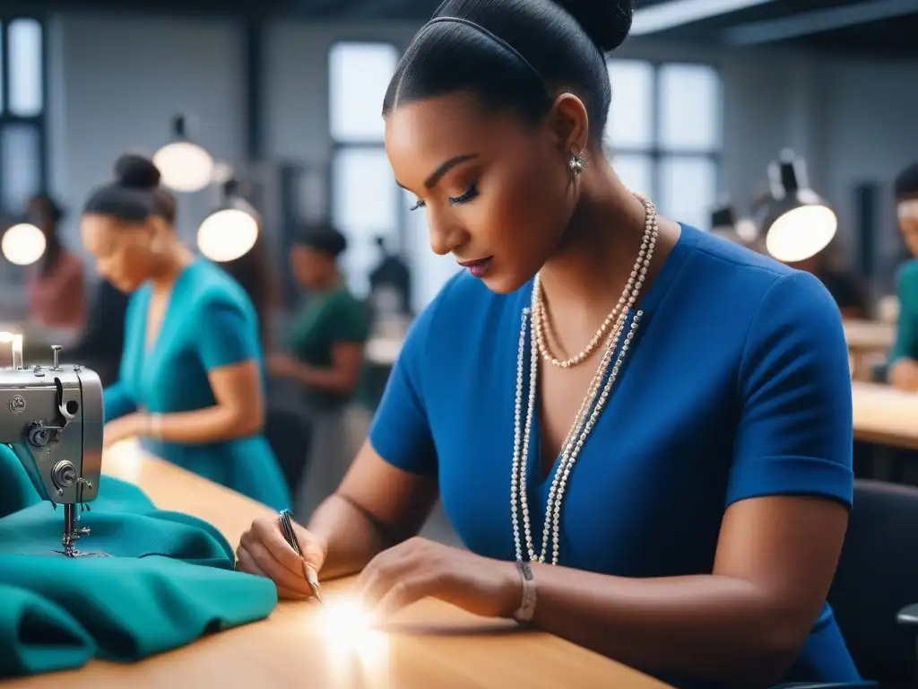 Diversidad creativa en moda inclusiva: estudiantes diseñando con pasión Estudiantes de moda creando prendas inclusivas en un estudio moderno y colorido