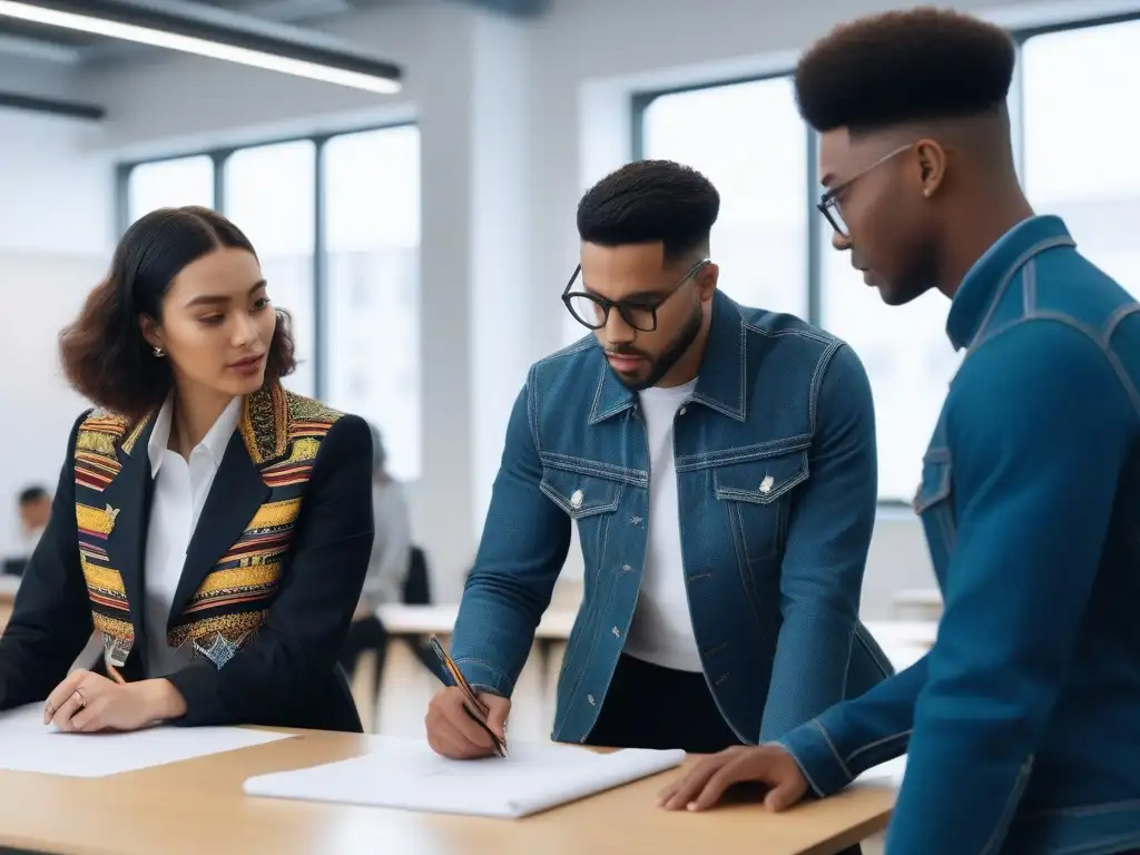 Innovación inclusiva: estudiantes de moda crean juntos Estudiantes de moda diversos colaboran en proyecto creativo en aula moderna, representando moda inclusiva en educación diseño moda